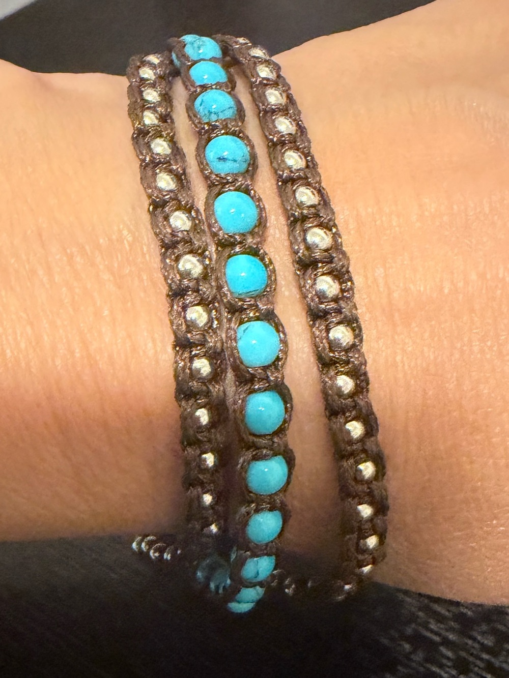 Vintage Mychau 925 Sterling Silver Woven Turquoise Wrap Bracelet 3 Row Italy